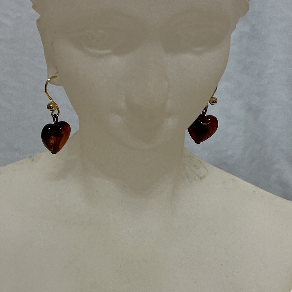 Gold tone Hook Earrings with Amber Colored Heart Drops
